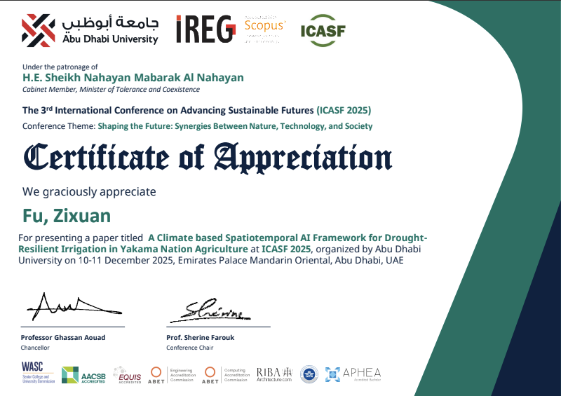 ICASF 2025 Certificate of Appreciation for presenting climate AI research paper